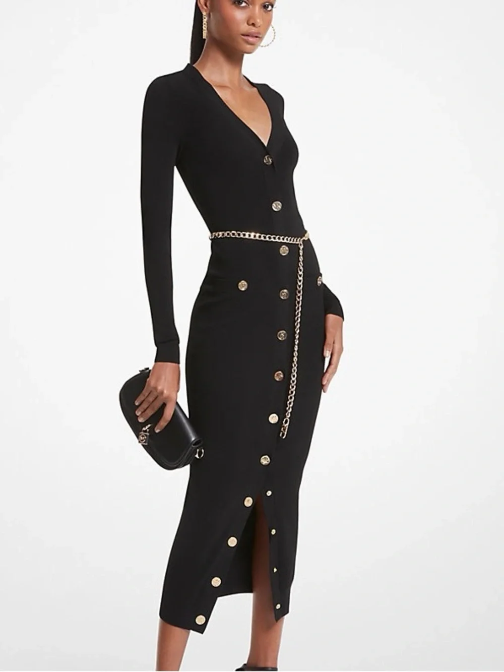 Michael KORS Stretch Viscose Gold Chain Belted Signature Black Midi Dress Medium